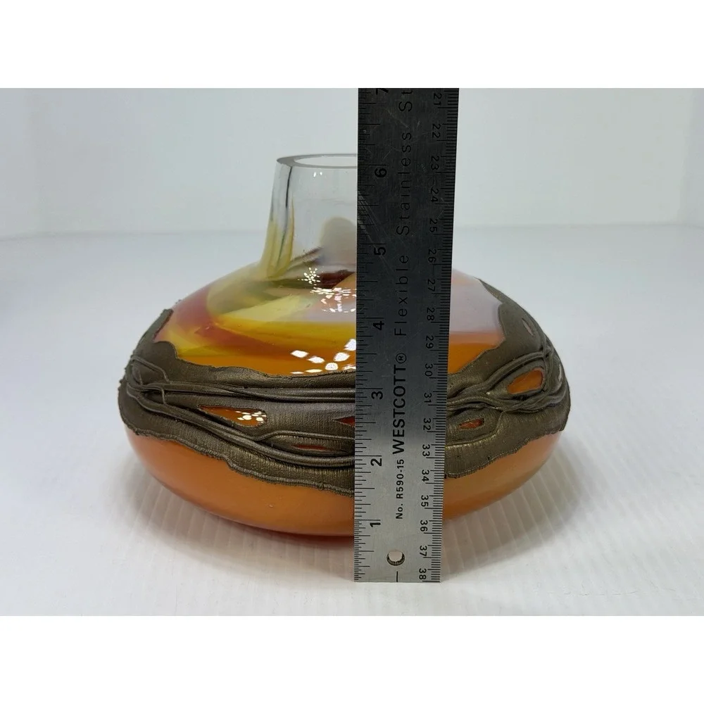 Hand Blown Art Glass Vase Decorative Copper Coated Metal Ring Embedded Orange